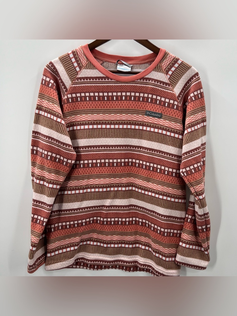 354 Columbia Women's Large Striped Crewneck Sweater — Rust, Brown, Cream
